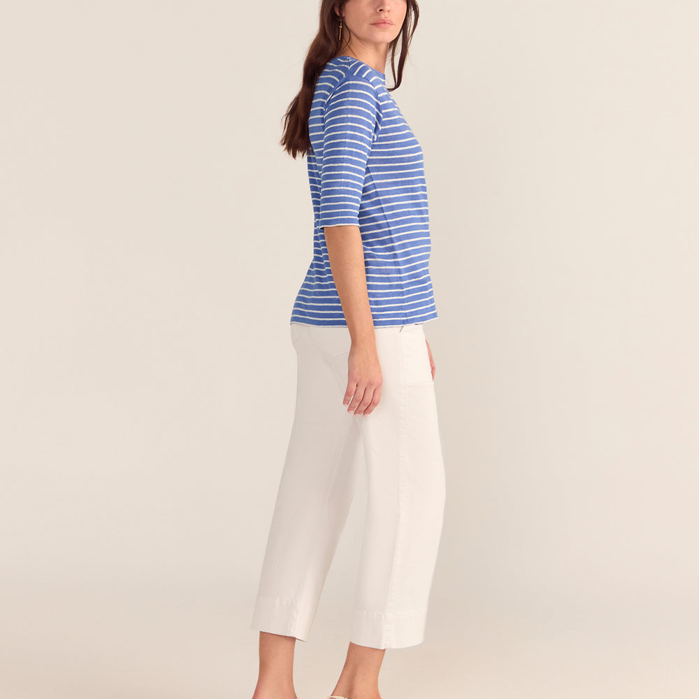 
                      
                        French LINEN Breton Boat Neck Top- Cornflower base White Stripe Tee PREORDER 8 OCTOBER
                      
                    
