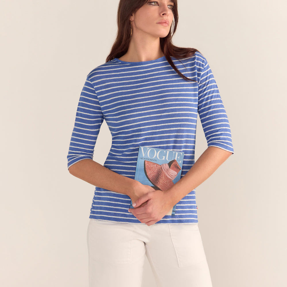 French LINEN Breton Boat Neck Top- Cornflower base White Stripe Tee PREORDER 8 OCTOBER