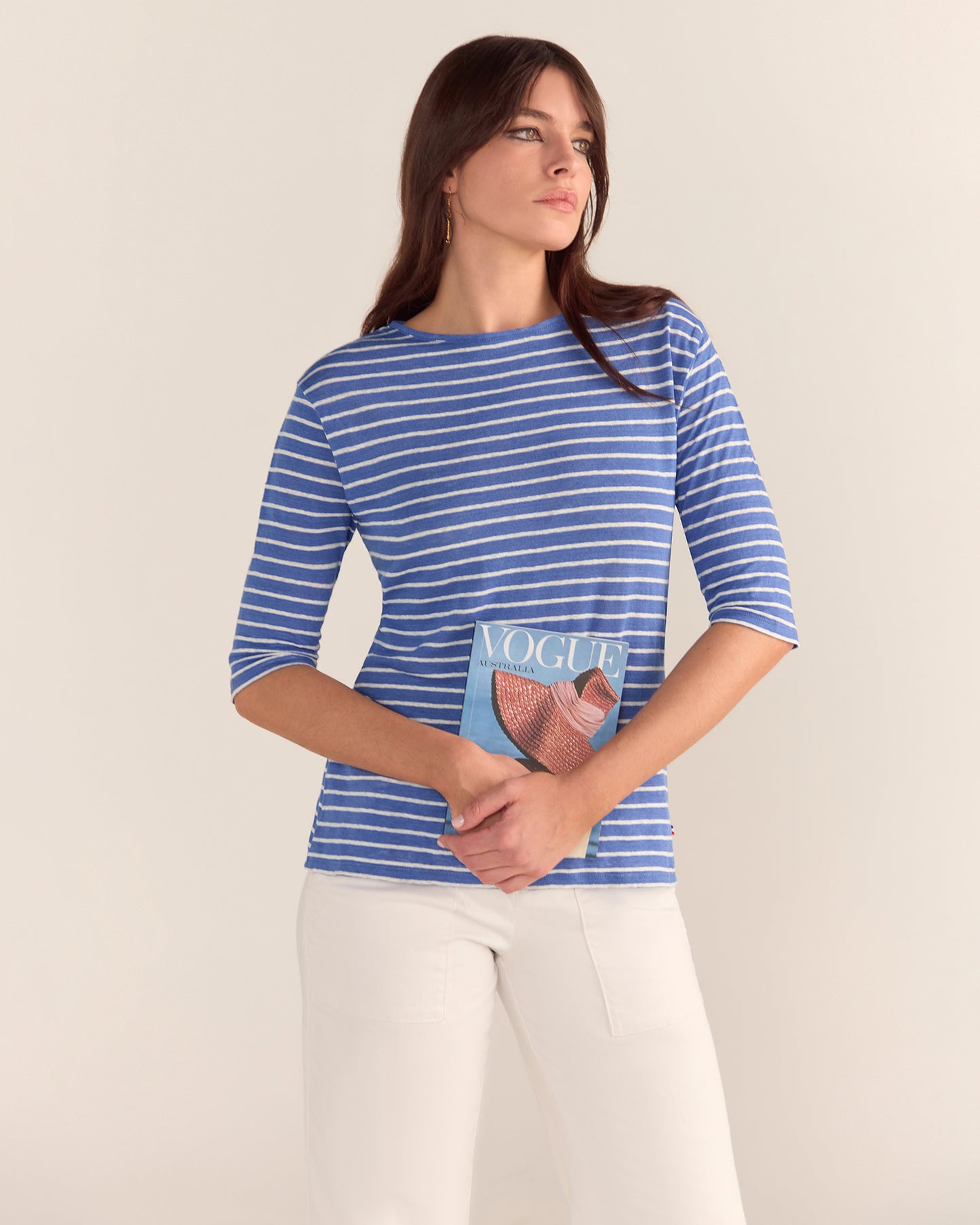 French LINEN Breton Boat Neck Top- Cornflower base White Stripe Tee PREORDER 8 OCTOBER