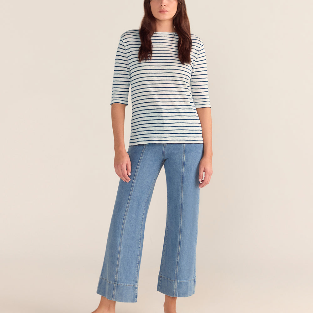 French LINEN Breton Boat Neck Top- White Base navy Stripe Tee PREORDER 8 OCTOBER
