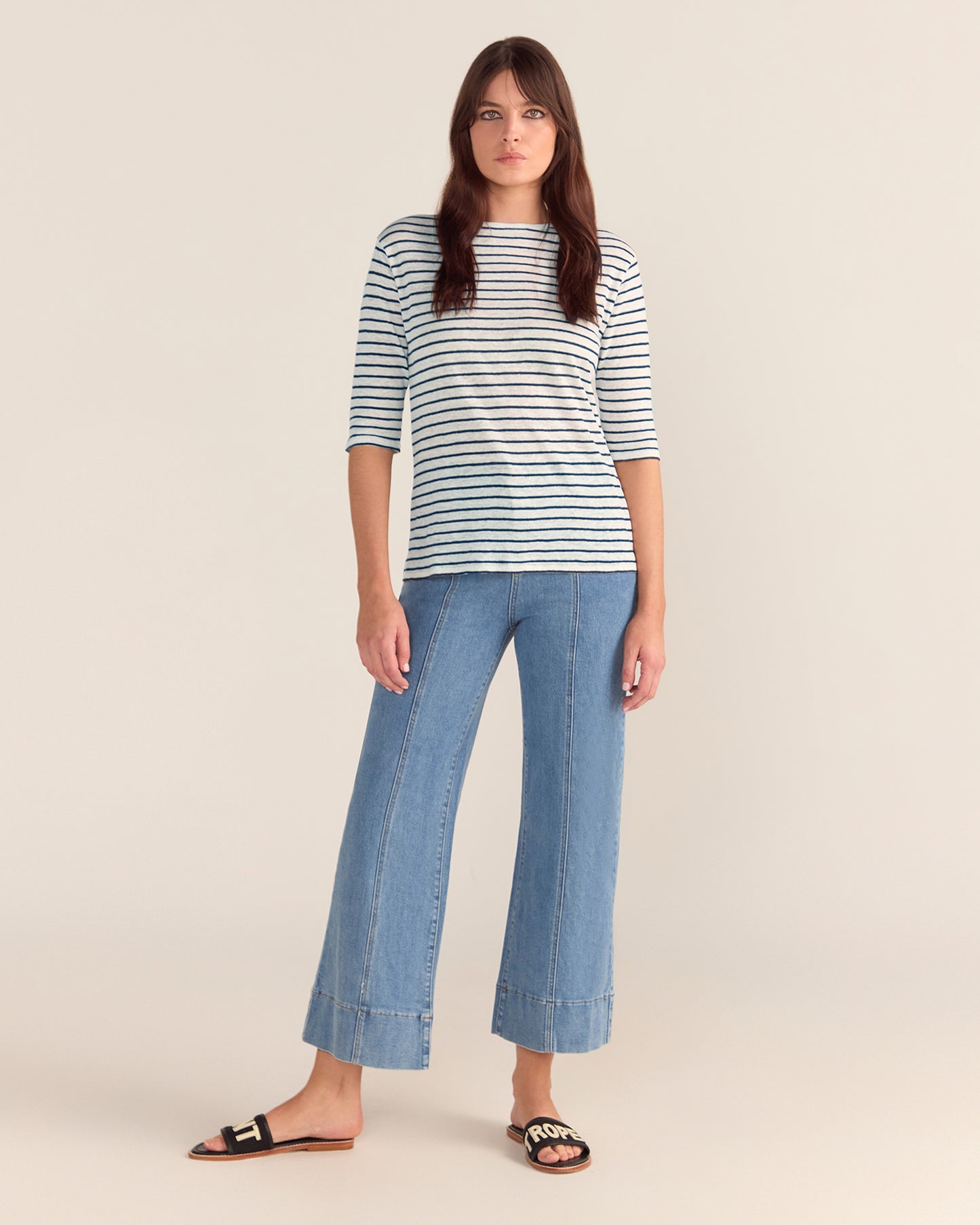French LINEN Breton Boat Neck Top- White Base navy Stripe Tee PREORDER 8 OCTOBER