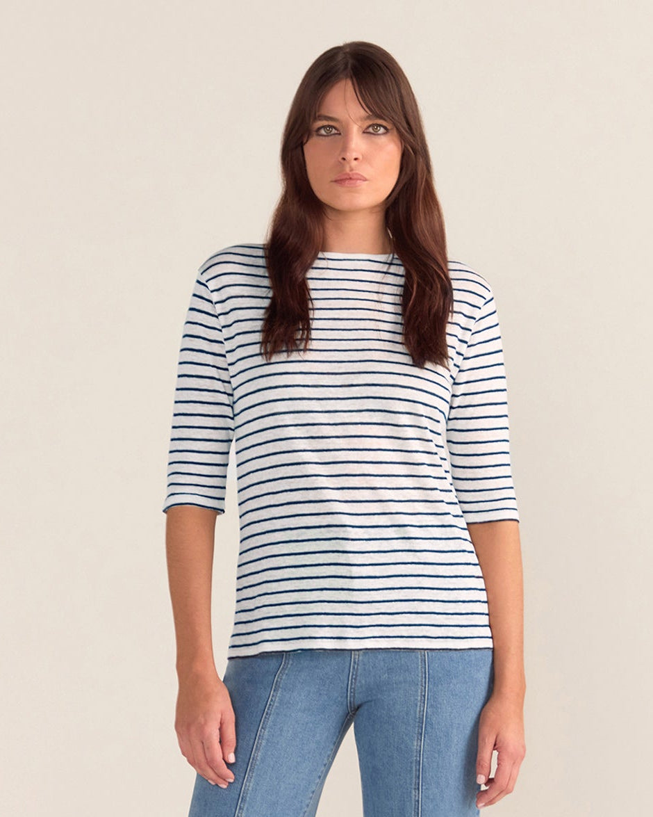 French LINEN Breton Boat Neck Tee - White Base navy Stripe Tee