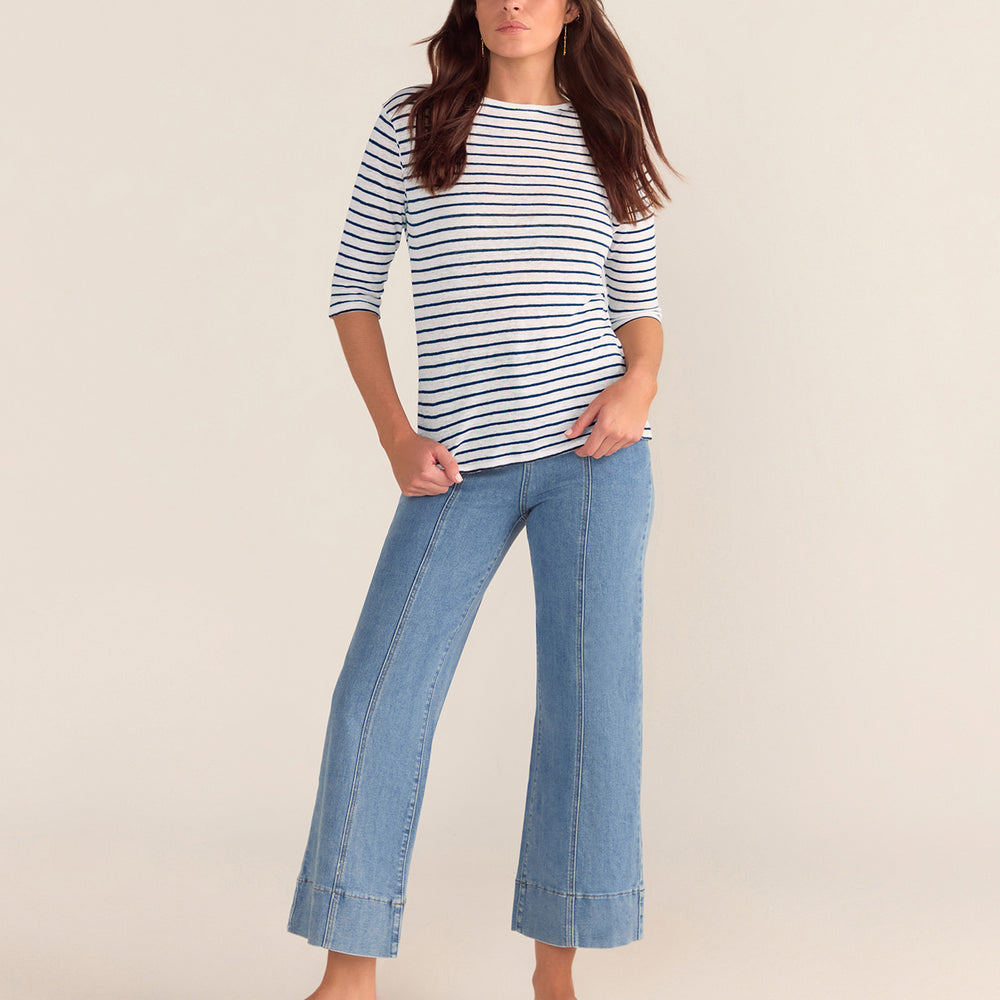 French LINEN Breton Boat Neck Tee - White Base navy Stripe Tee