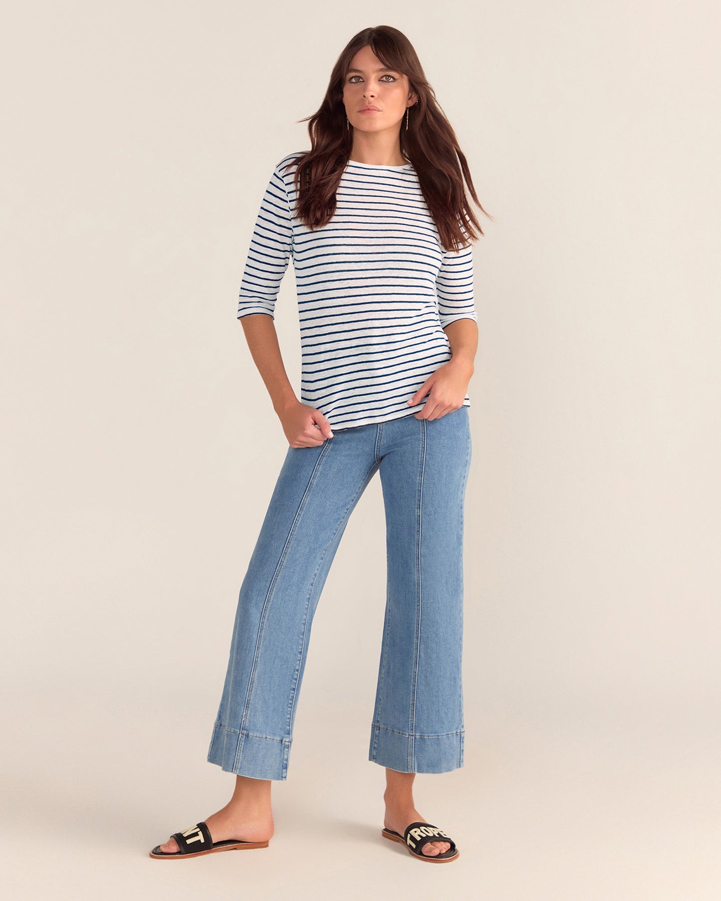 French LINEN Breton Boat Neck Tee - White Base navy Stripe Tee