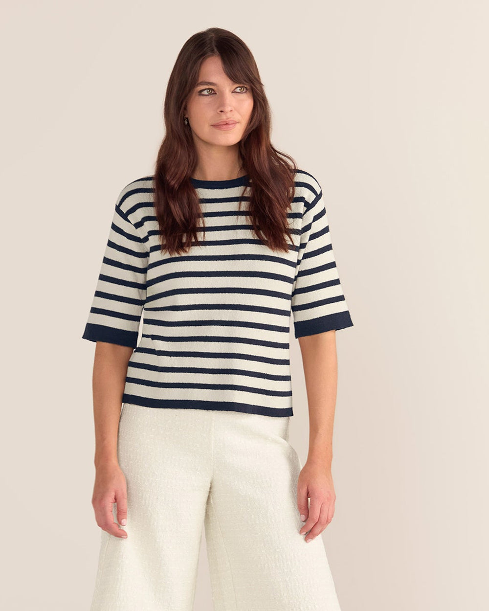 Bouclé Textured Top - Navy & Cream Stripe