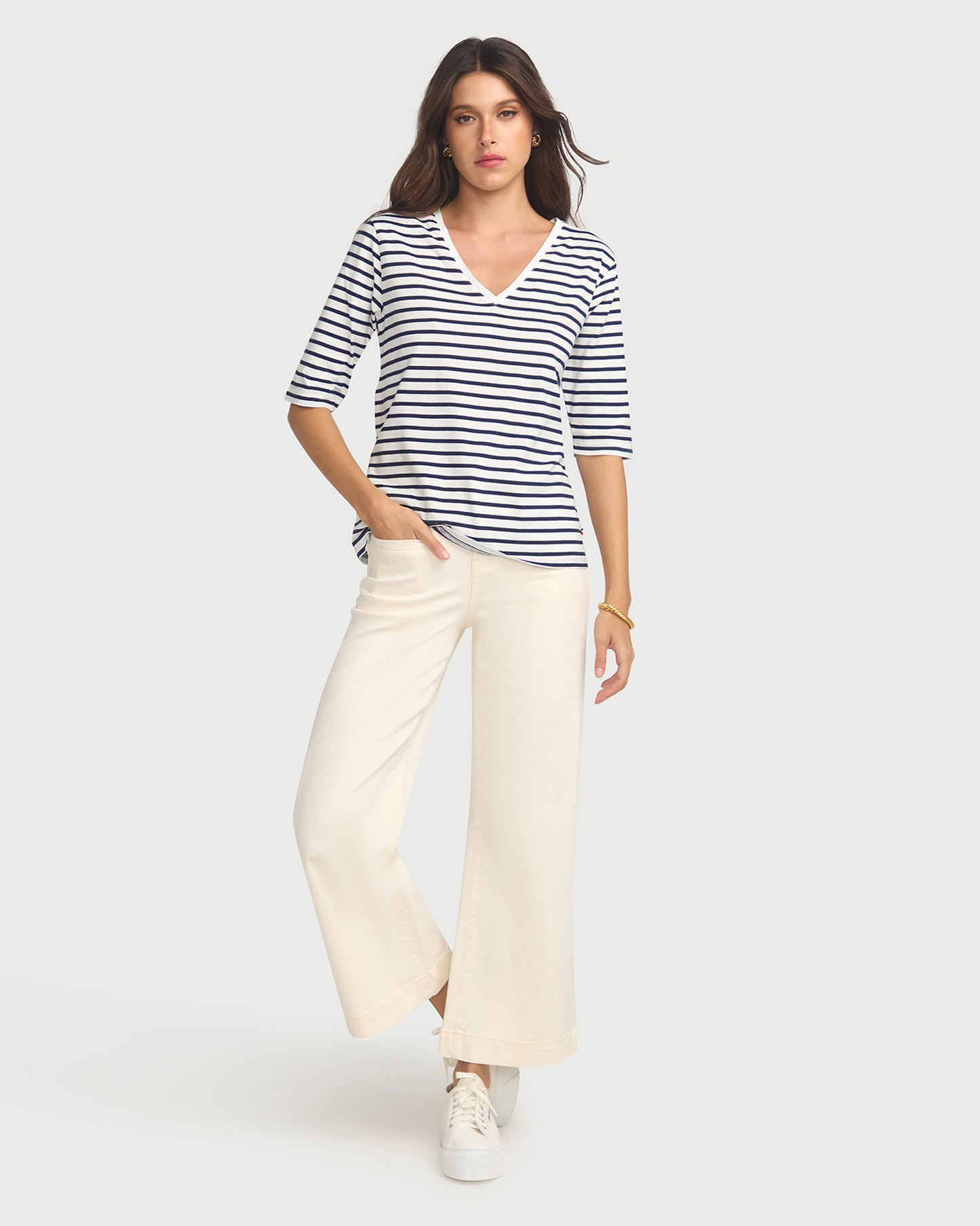 La Bouvier Navy Stripe French Tee - V-Neck