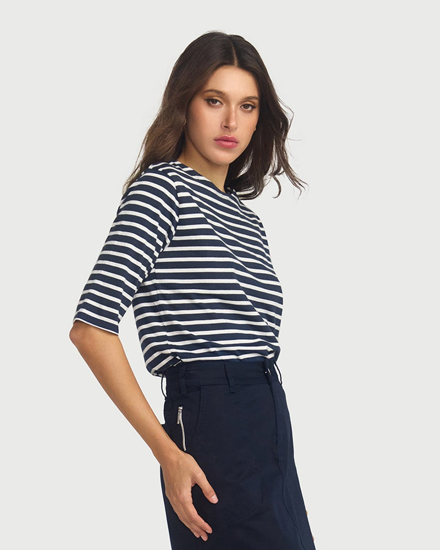 La Bouvier Navy Base White Stripe French Tee - Boat Neck neck