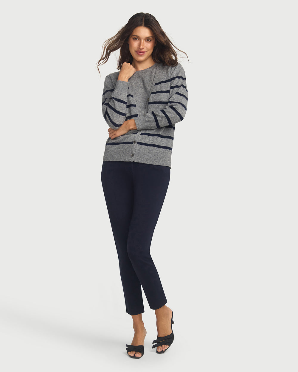 Capucine Stripe Cardigan In Cashmere & Wool - Grey Base Navy Stripe