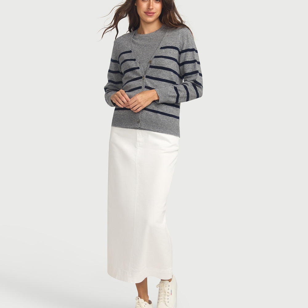 
                      
                        Capucine Stripe Cardigan In Cashmere & Wool - Grey Base Navy Stripe
                      
                    