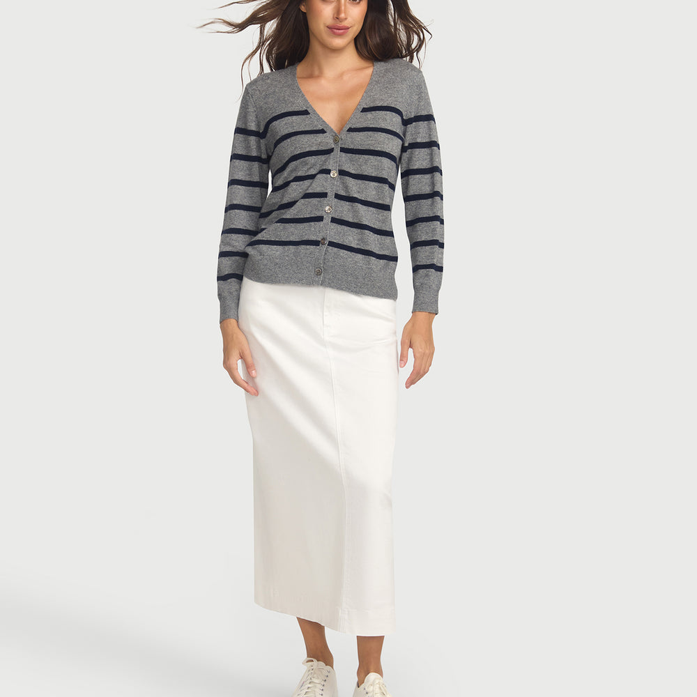 Capucine Stripe Cardigan In Cashmere & Wool - Grey Base Navy Stripe