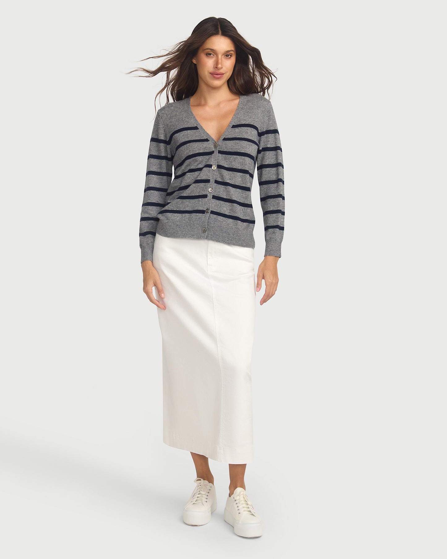 Capucine Stripe Cardigan In Cashmere & Wool - Grey Base Navy Stripe