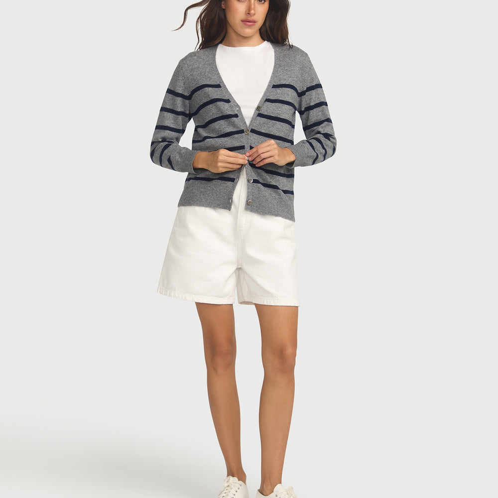 Capucine Stripe Cardigan In Cashmere & Wool - Grey Base Navy Stripe