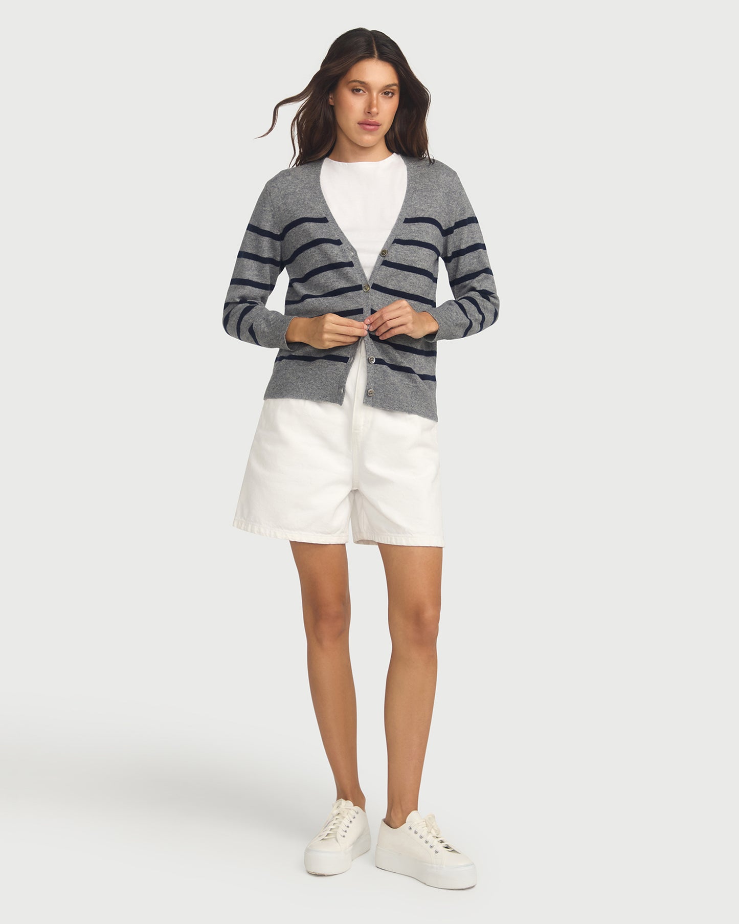 Capucine Stripe Cardigan In Cashmere & Wool - Grey Base Navy Stripe