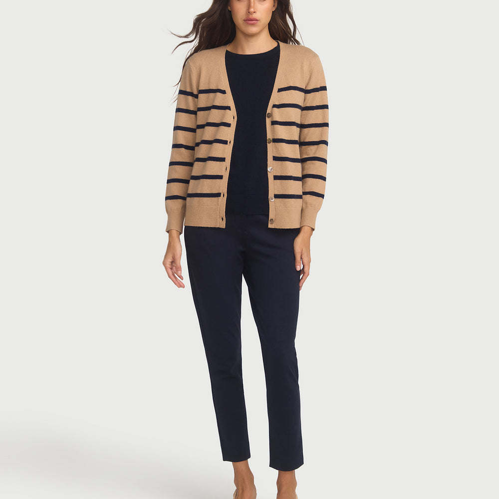 Capucine Stripe Cardigan In Cashmere & Wool - Hazelnut base Navy Stripe