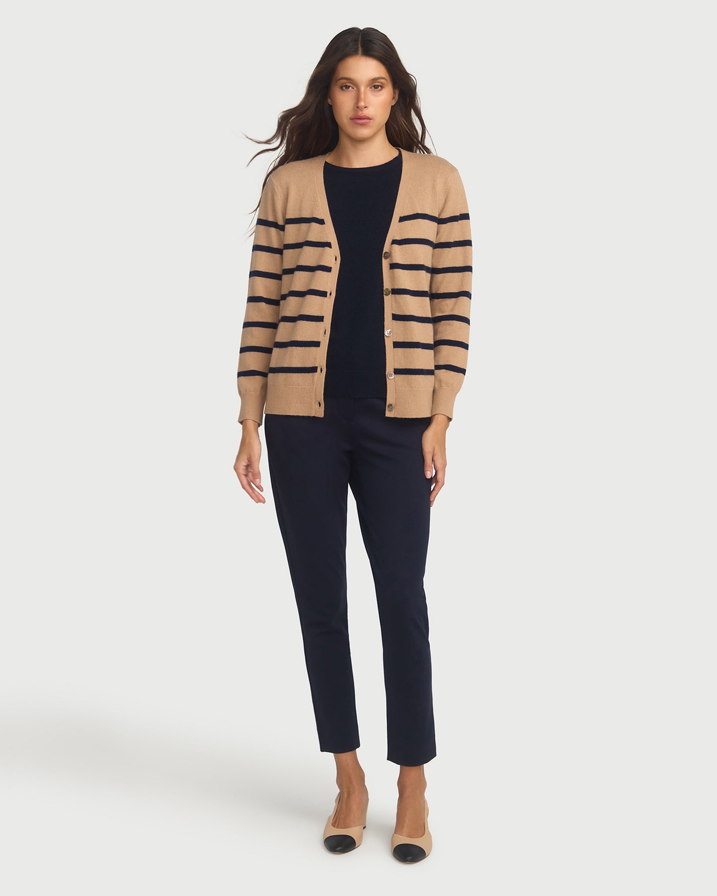 Capucine Stripe Cardigan In Cashmere & Wool - Hazelnut base Navy Stripe