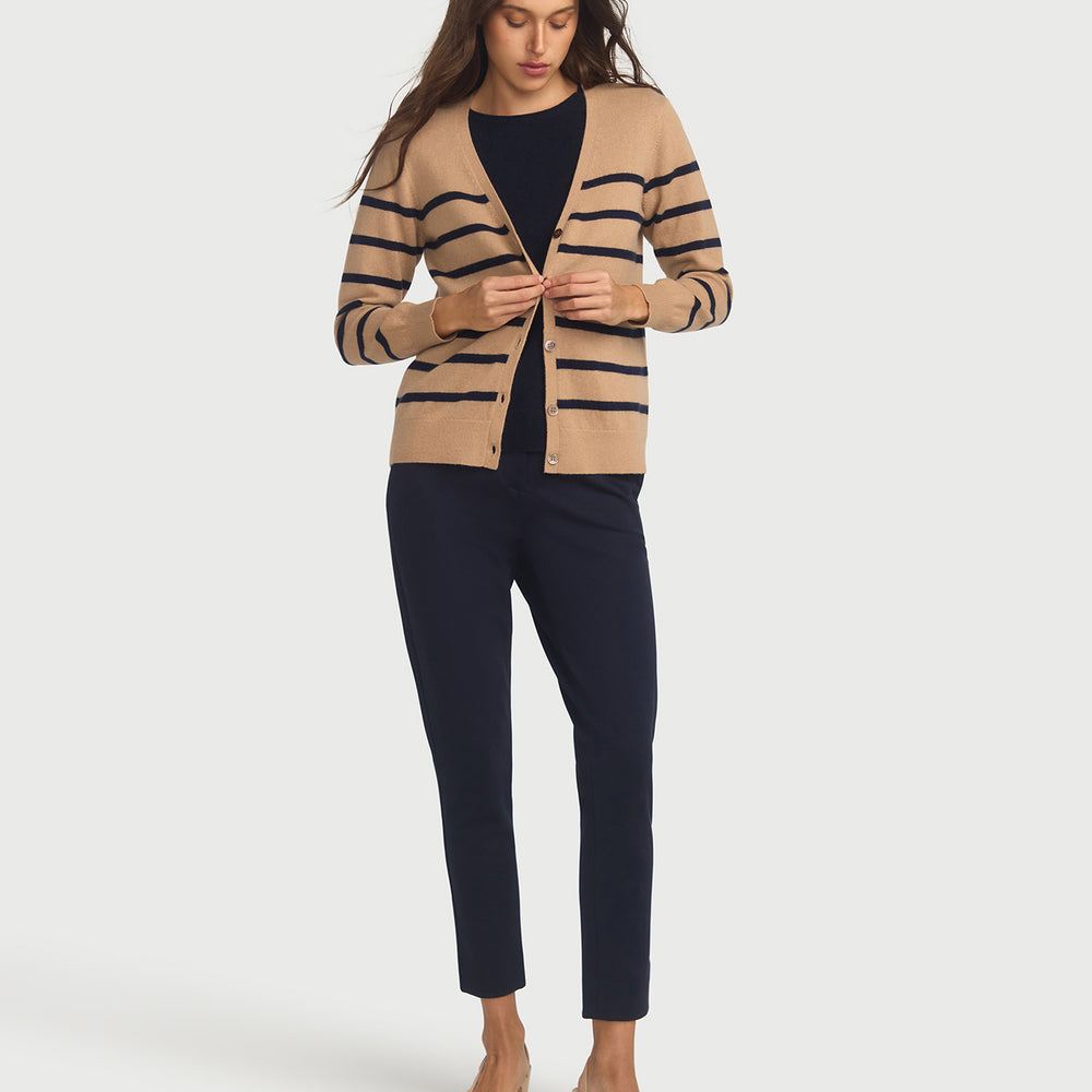 Capucine Stripe Cardigan In Cashmere & Wool - Hazelnut base Navy Stripe