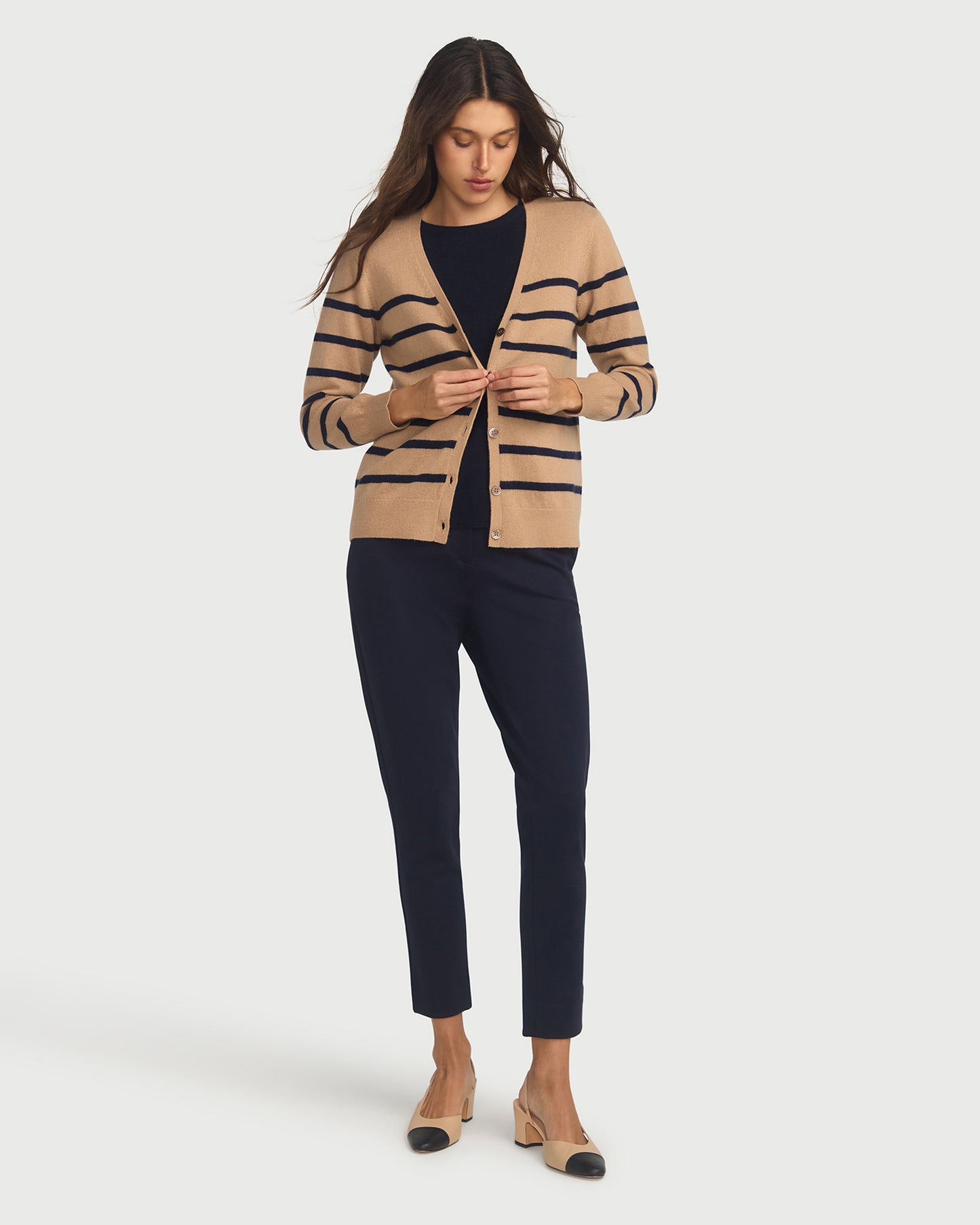 Capucine Stripe Cardigan In Cashmere & Wool - Hazelnut base Navy Stripe