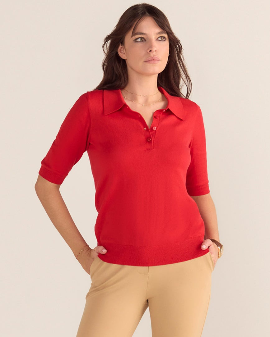 Cotton And Cashmere Polo Top - Red