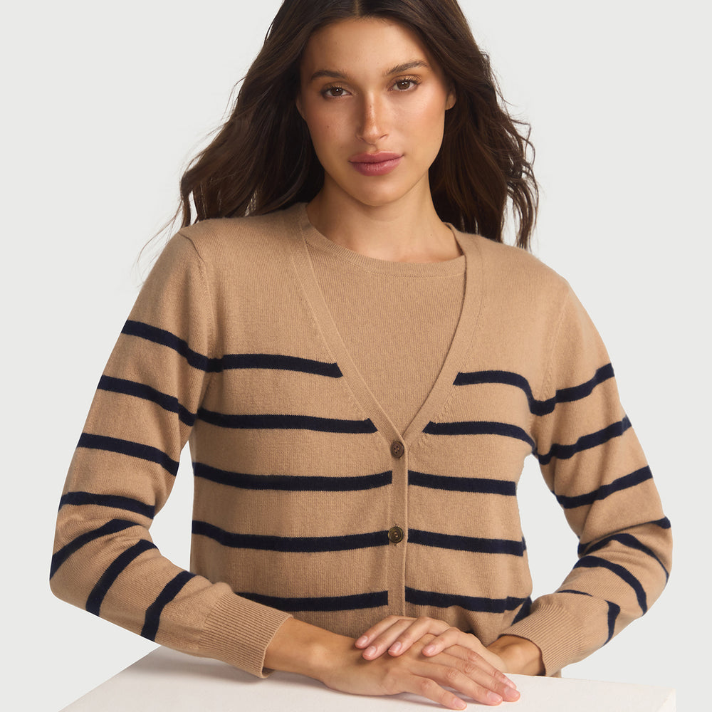 
                      
                        Capucine Stripe Cardigan In Cashmere & Wool - Hazelnut base Navy Stripe
                      
                    