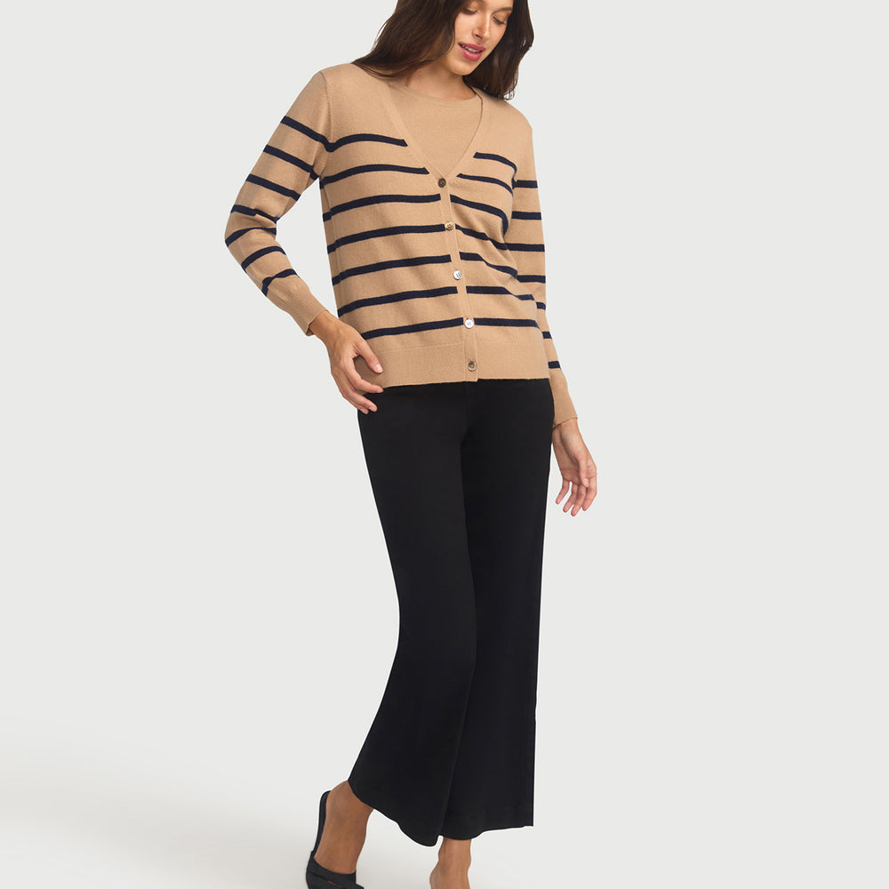 
                      
                        Capucine Stripe Cardigan In Cashmere & Wool - Hazelnut base Navy Stripe
                      
                    