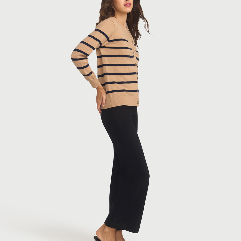 
                      
                        Capucine Stripe Cardigan In Cashmere & Wool - Hazelnut base Navy Stripe
                      
                    