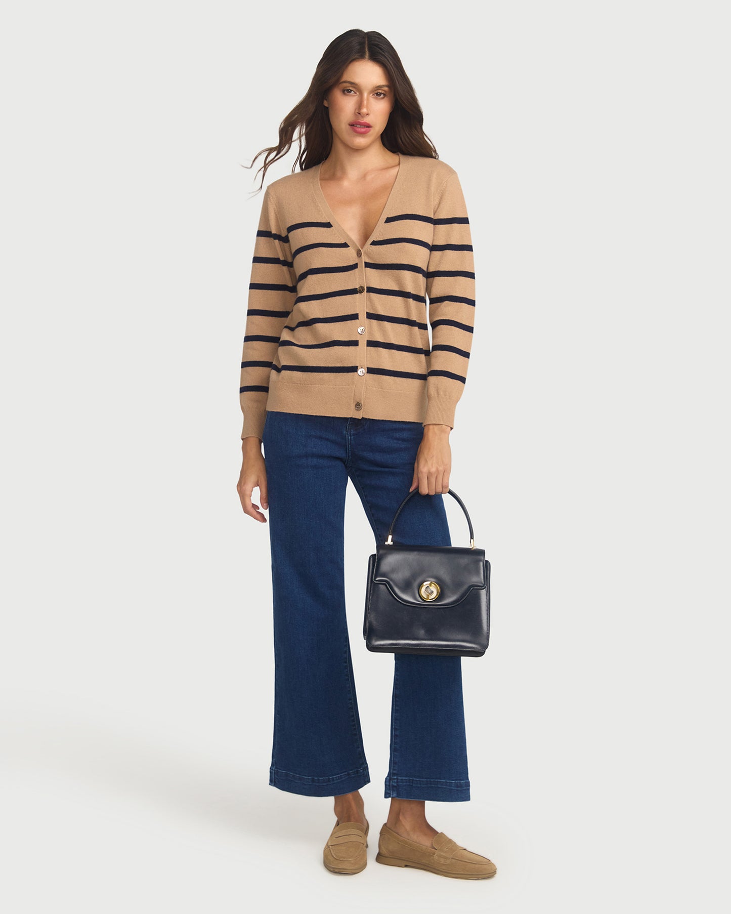 Capucine Stripe Cardigan In Cashmere & Wool - Hazelnut base Navy Stripe