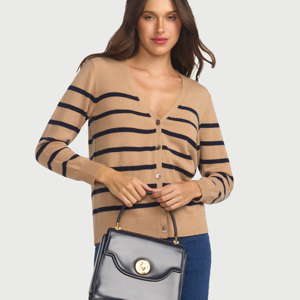 Capucine Stripe Cardigan In Cashmere & Wool - Hazelnut base Navy Stripe