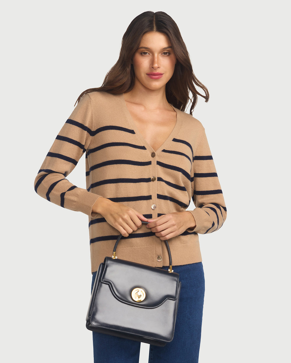 Capucine Stripe Cardigan In Cashmere & Wool - Hazelnut base Navy Stripe