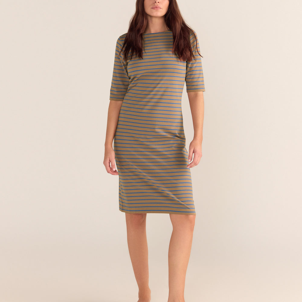 Brigitte Dress - Mocha and Blue Stripe PREORDER 24 SEPTEMBER