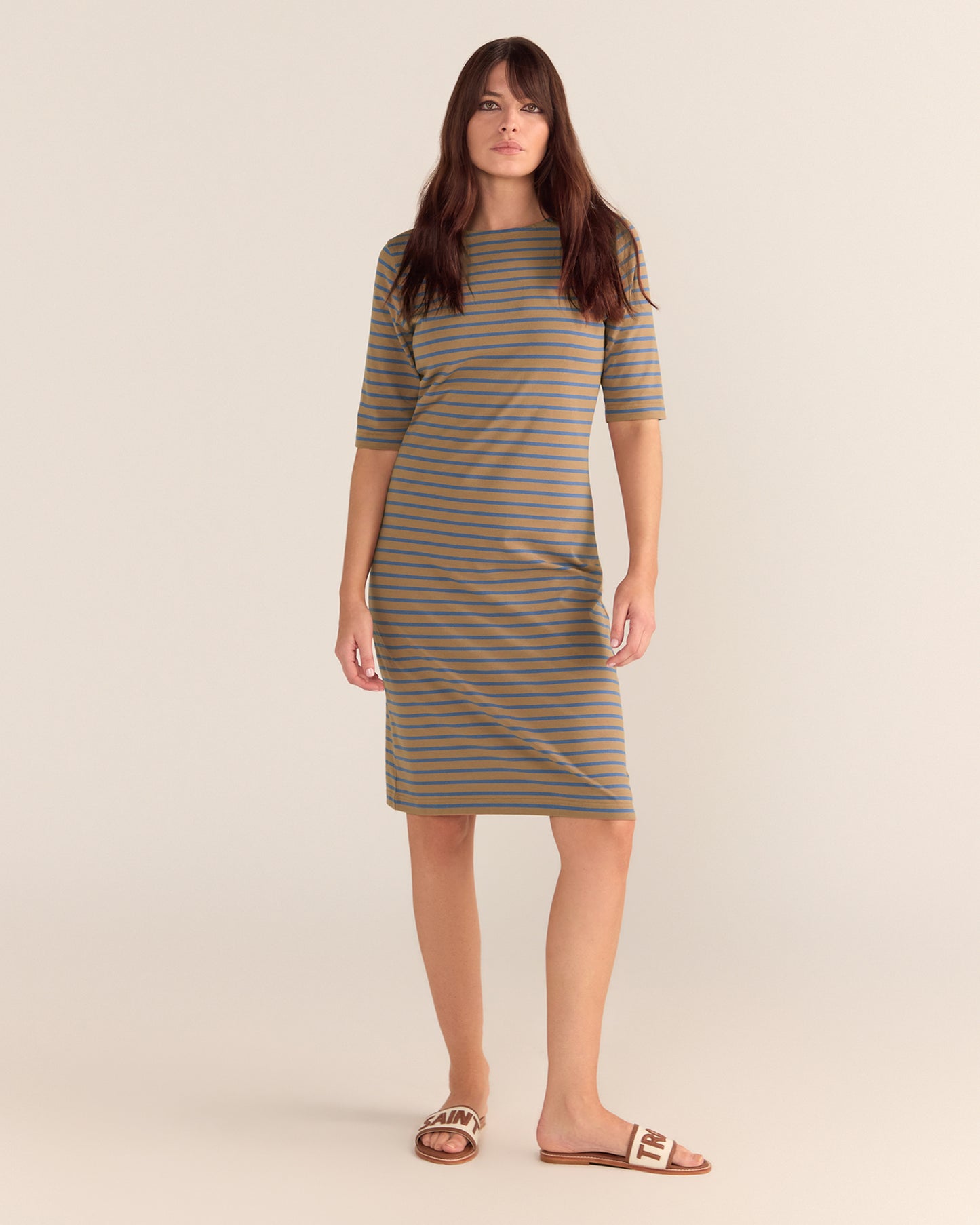 Brigitte Dress - Mocha and Blue Stripe PREORDER 24 SEPTEMBER