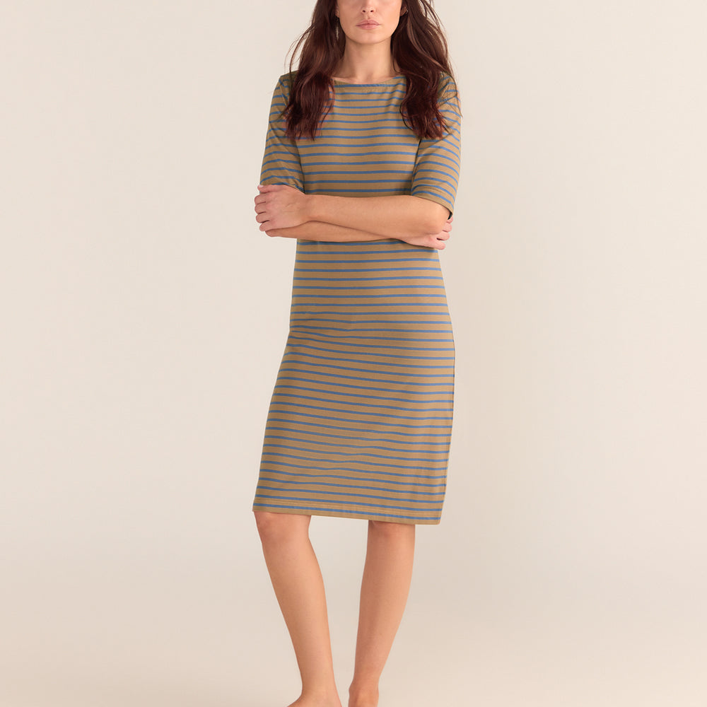 Brigitte Dress - Mocha and Blue Stripe PREORDER 24 SEPTEMBER