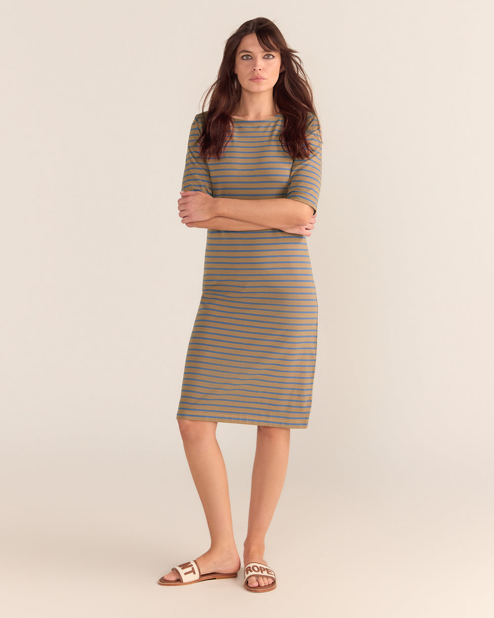 Brigitte Dress - Mocha and Blue Stripe