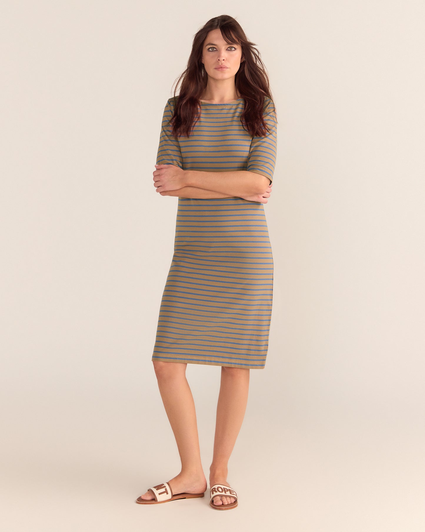 Brigitte Dress - Mocha and Blue Stripe PREORDER 24 SEPTEMBER