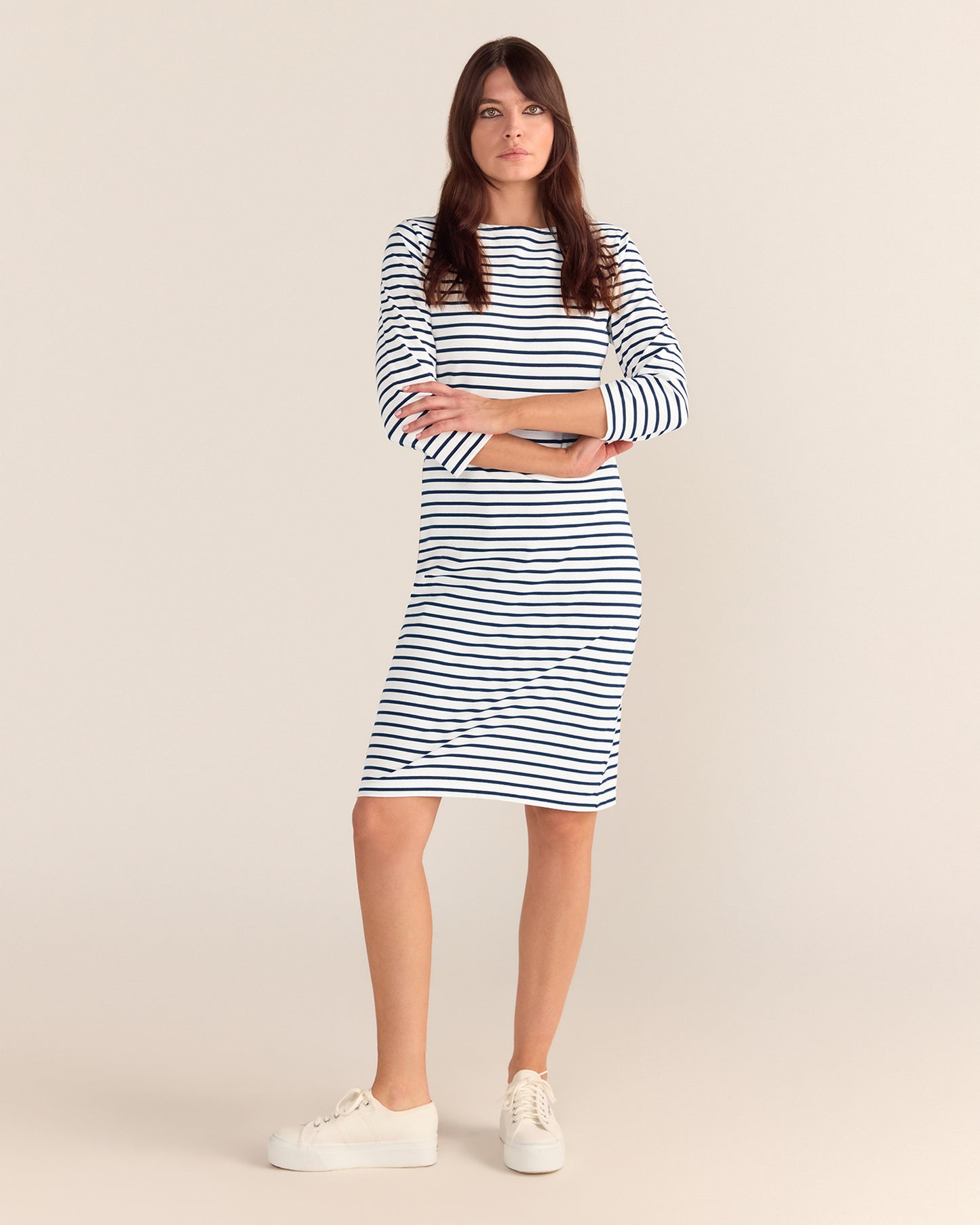 Brigitte Dress - White With Navy Stripe