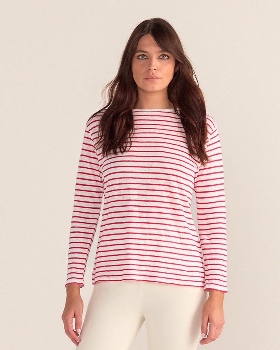 French LINEN Breton Boat Neck Top- White Base red Stripe