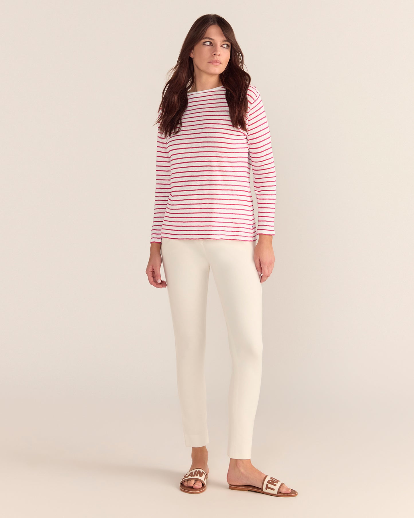 French LINEN Breton Boat Neck Top- White Base red Stripe PREORDER 8 OCTOBER