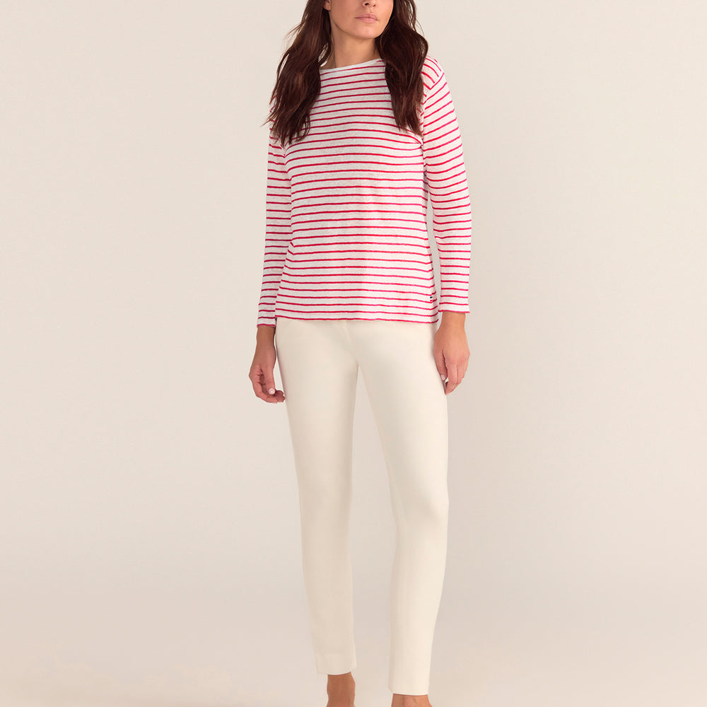 French LINEN Breton Boat Neck Top- White Base red Stripe