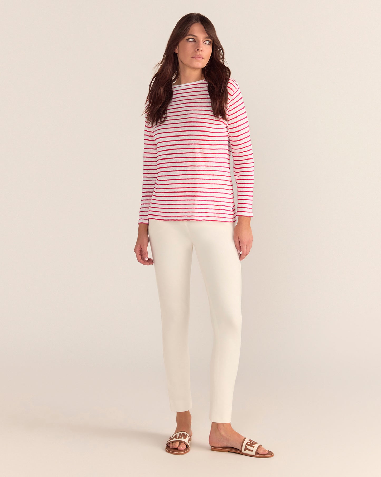 French LINEN Breton Boat Neck Top- White Base red Stripe