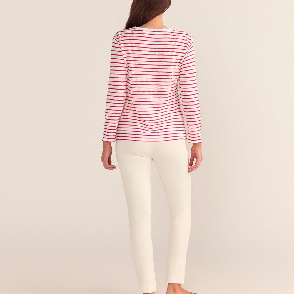 
                      
                        French LINEN Breton Boat Neck Top- White Base red Stripe
                      
                    