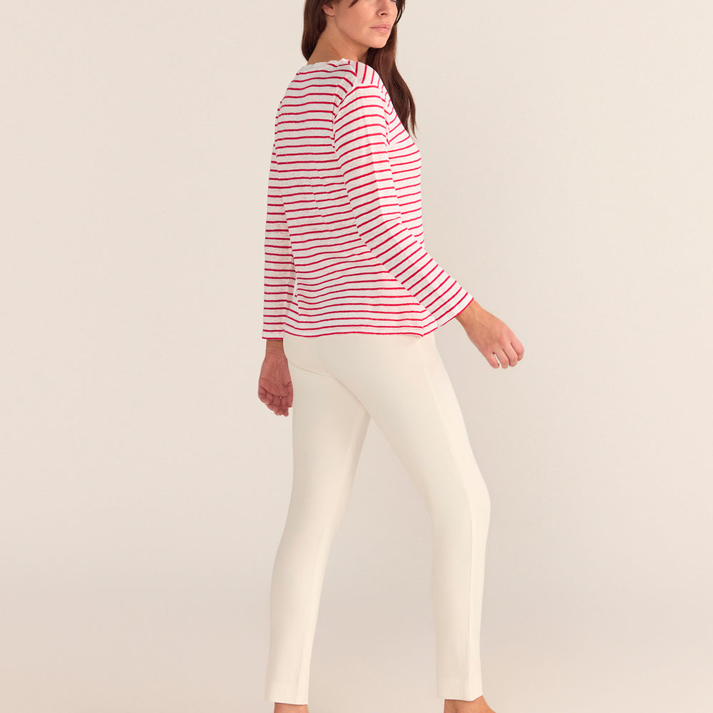 
                      
                        French LINEN Breton Boat Neck Top- White Base red Stripe
                      
                    