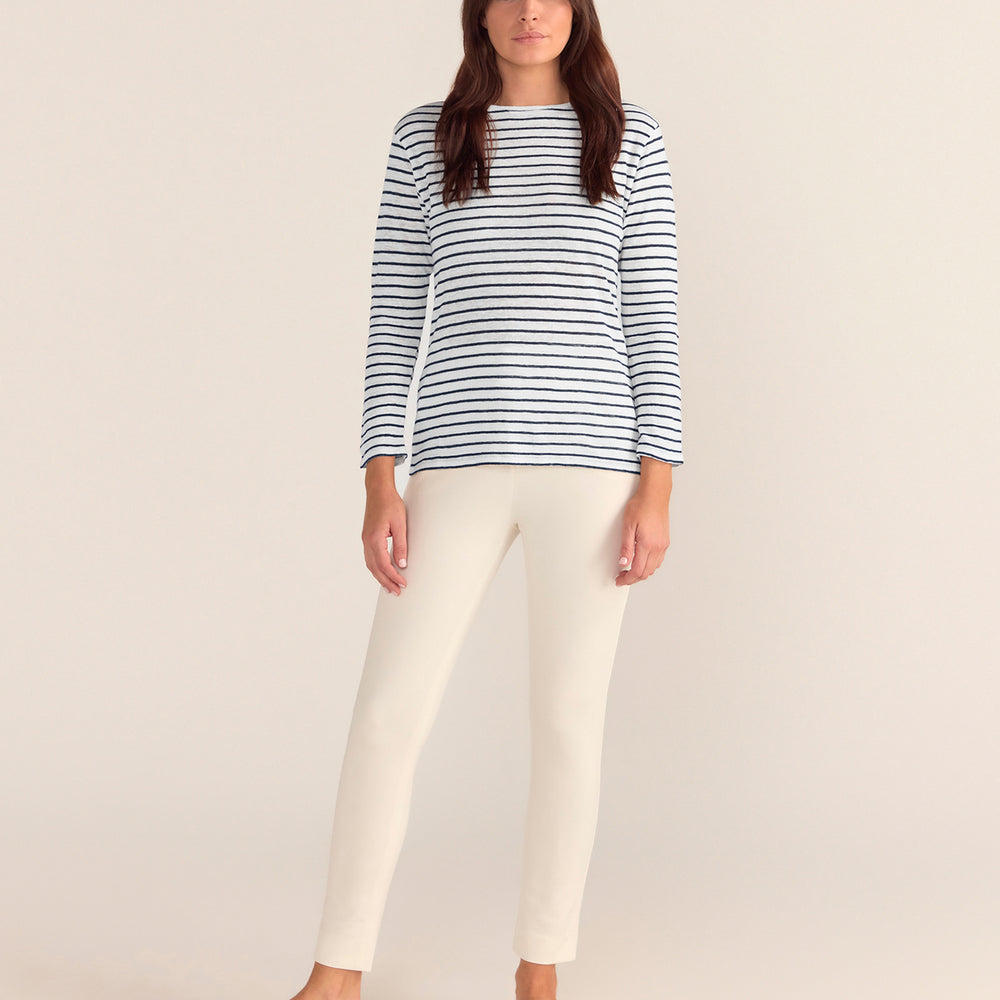 French LINEN Breton Boat Neck Top- White Base Navy Stripe