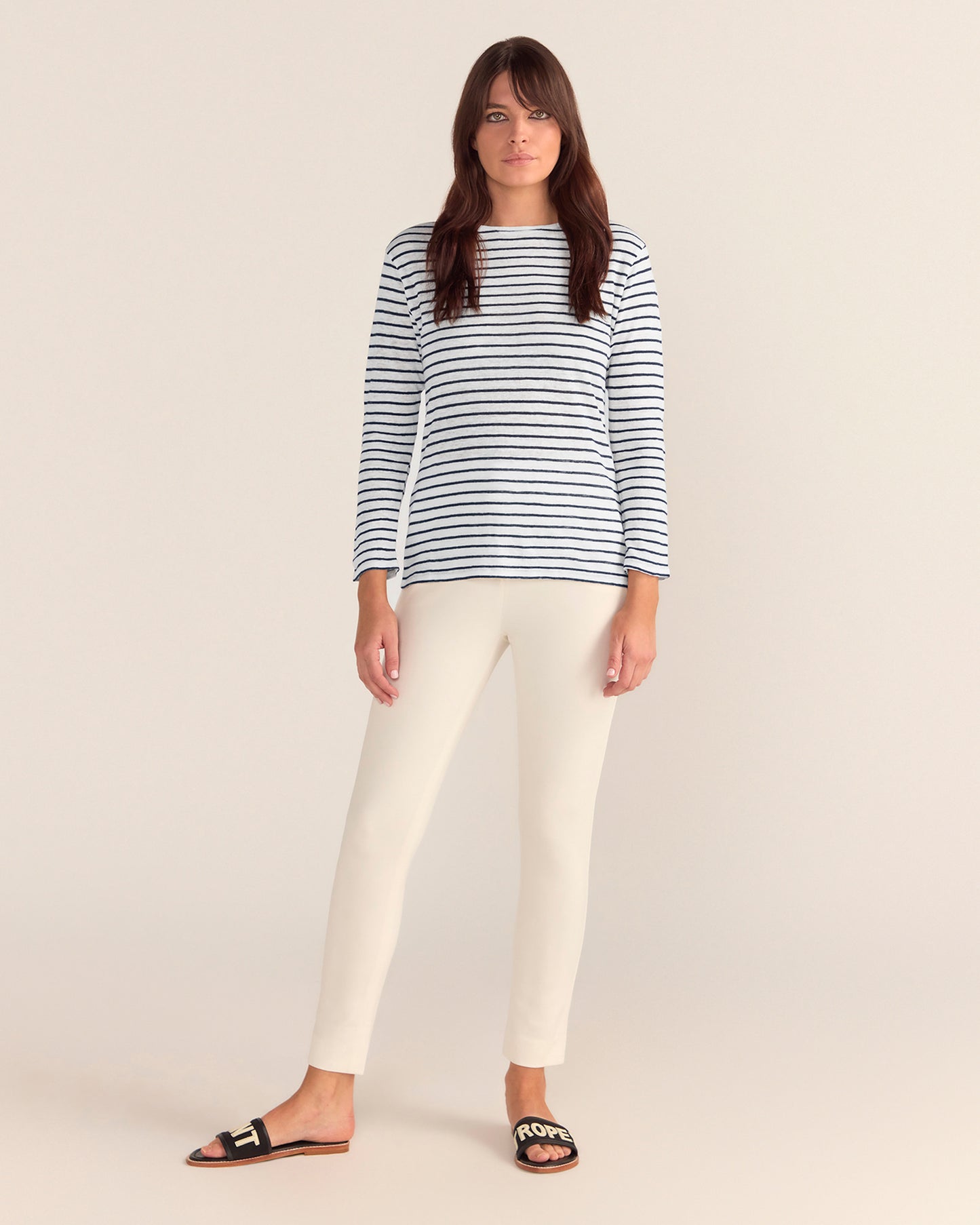 French LINEN Breton Boat Neck Top- White Base Navy Stripe