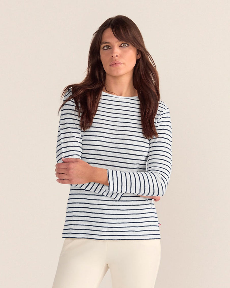 French LINEN Breton Boat Neck Top- White Base Navy Stripe
