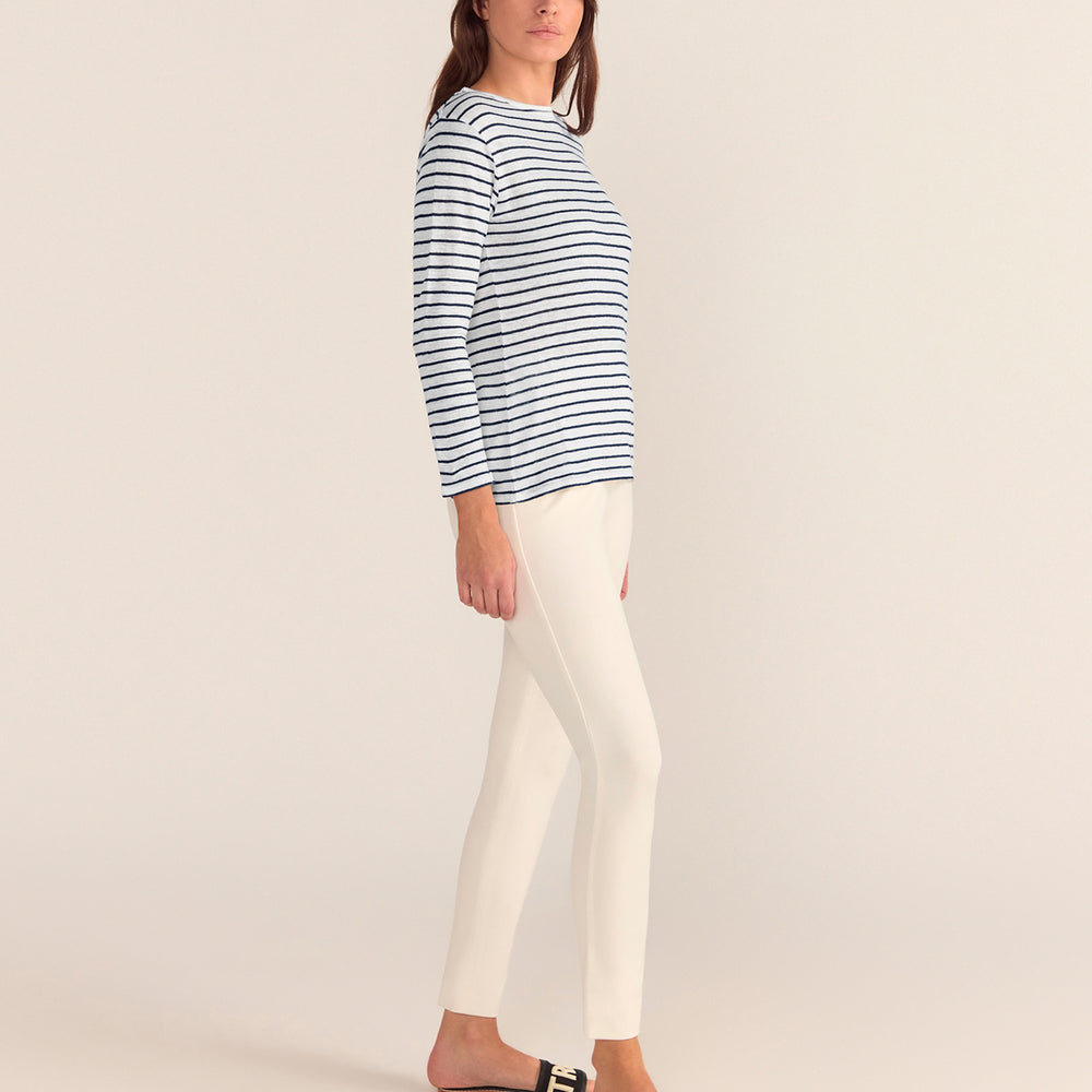 
                      
                        French LINEN Breton Boat Neck Top- White Base Navy Stripe
                      
                    