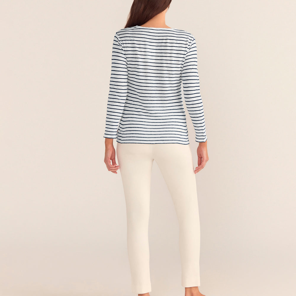 
                      
                        French LINEN Breton Boat Neck Top- White Base Navy Stripe
                      
                    