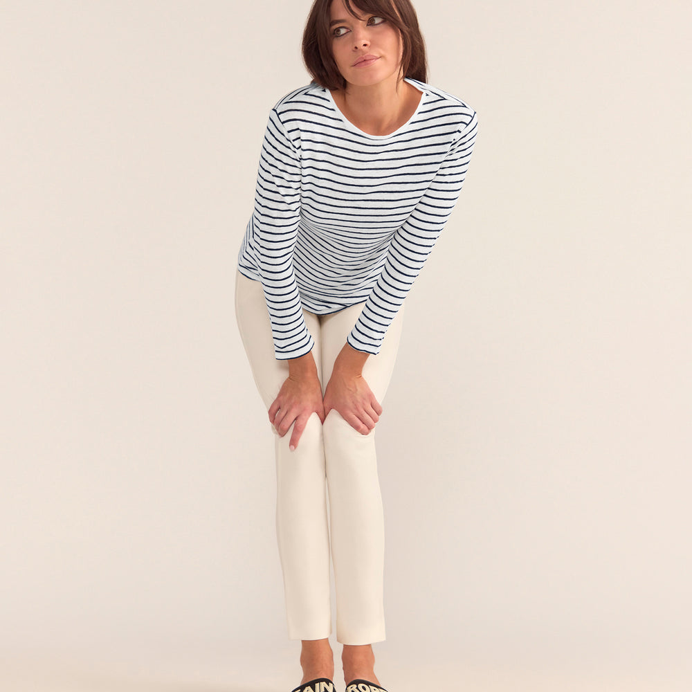 
                      
                        French LINEN Breton Boat Neck Top- White Base Navy Stripe
                      
                    