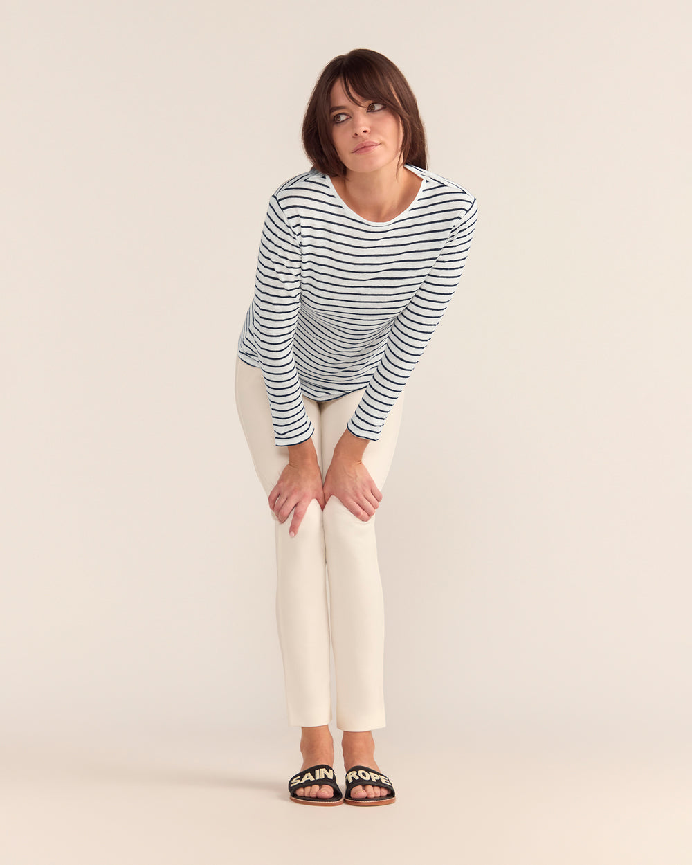 French LINEN Breton Boat Neck Top- White Base Navy Stripe PREORDER 8 OCTOBER