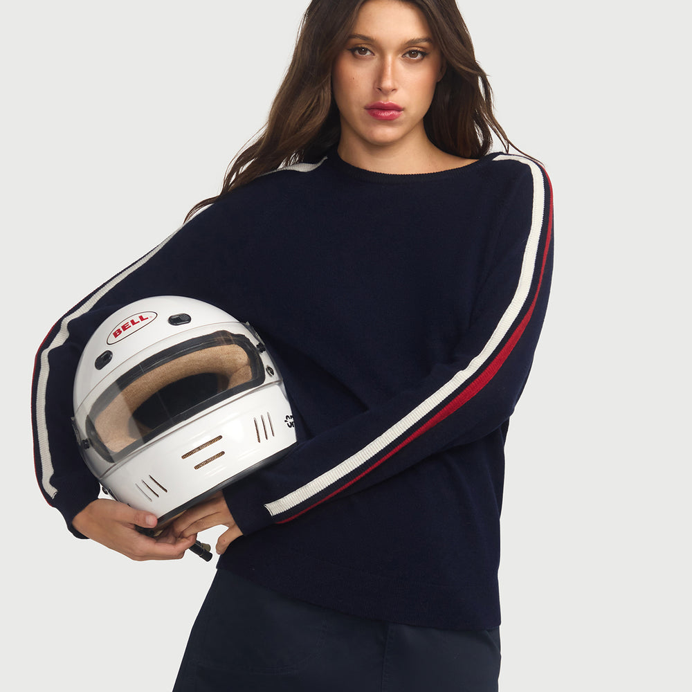 Cashmere & Wool French Racer Crewneck Sweater-Navy PREORDER END MARCH