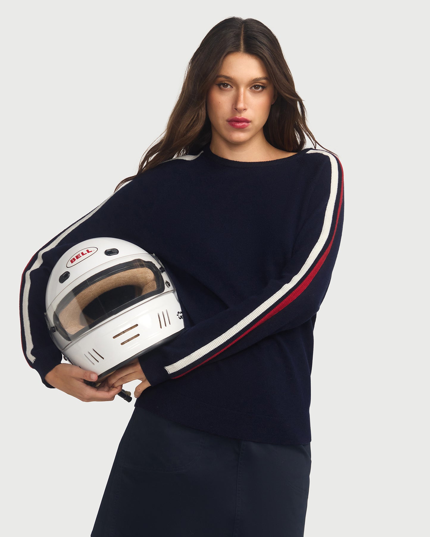 Cashmere & Wool French Racer Crewneck Sweater-Navy PREORDER END MARCH