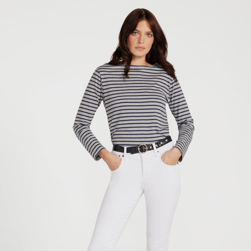 Breton Boat Neck Top- Grey Base Navy Stripe